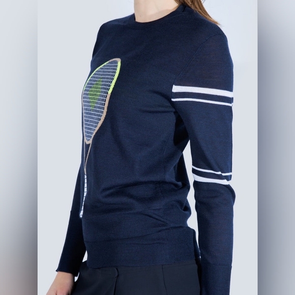 L'etoile Sport Navy Blue Stripe 100% Merino Wool Crewneck Tennis Racquet Sweater - Picture 5 of 13